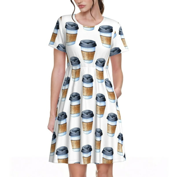 Balery Coffee To Go Pattern Vestidos sueltos de manga corta para mujer, vestidos de verano 2025, vestidos casuales de corte A con vuelo.