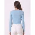 thumbnail image 3 of DARING DIVA Women's Contrast Ribbed Knit Shirt Button Decor Crop Sweater S Sky Blue, 3 of 6