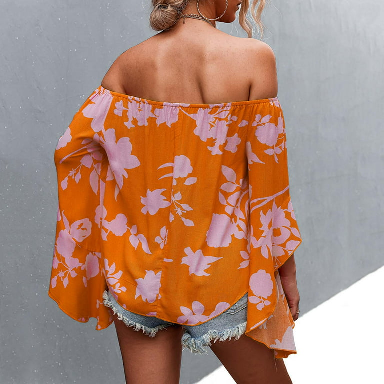 NKOOGH Shirt for Overnight Delivery Items Prime Women Medium Shirts Womens  Summer Irregular Top One Shoulder Flared Sleeve Print Top
