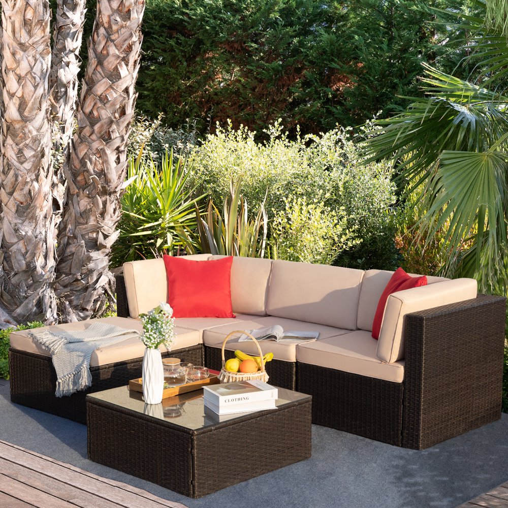 Walnew 5 Pieces Outdoor Patio Sectional Sofa Sets AllWeather PE Rattan