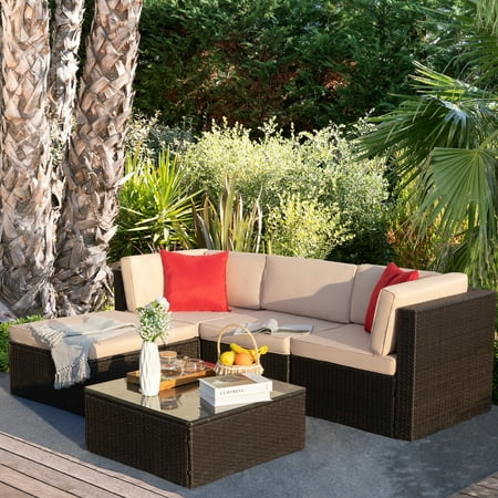Walnew 5 Pieces Outdoor Patio Sectional Sofa Sets All-Weather PE Rattan Conversation Sets With Glass Table and Cushion, Brown and Beige