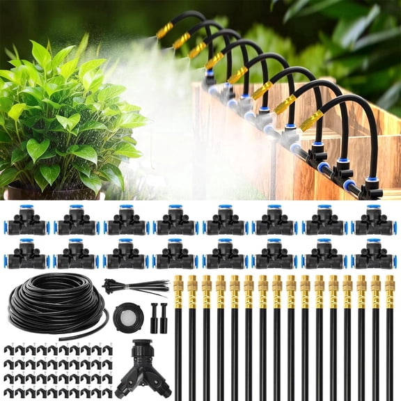 Automatic Drip Irrigation Kit, 100FT Garden Watering System with 16 Adjustable Copper Nozzles & Atomizing Sprinklers for Raised Beds, Greenhouse, Lawn, Yard - Water Saving DIY Irrigation System