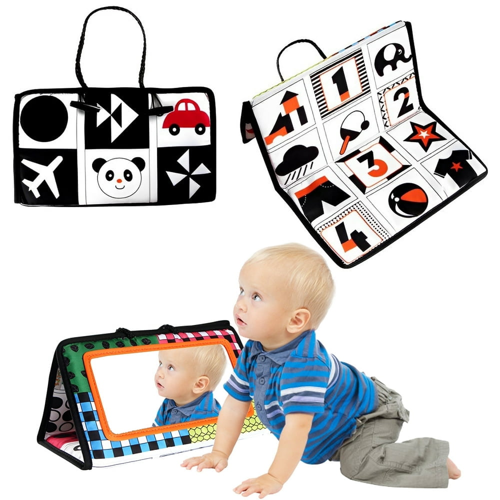 Baby Tummy Time Floor Mirror with Soft Cloth Books and Teethers