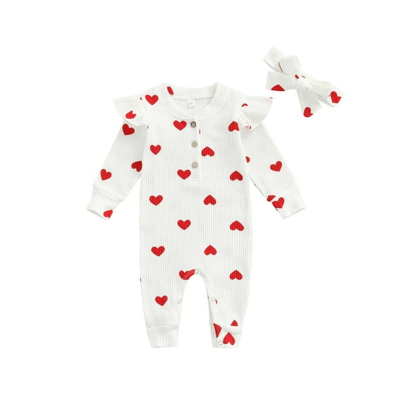 Qmyliery Infant Girls Clothes Casual Set, Heart Print Romper and Bow Knot Headdress