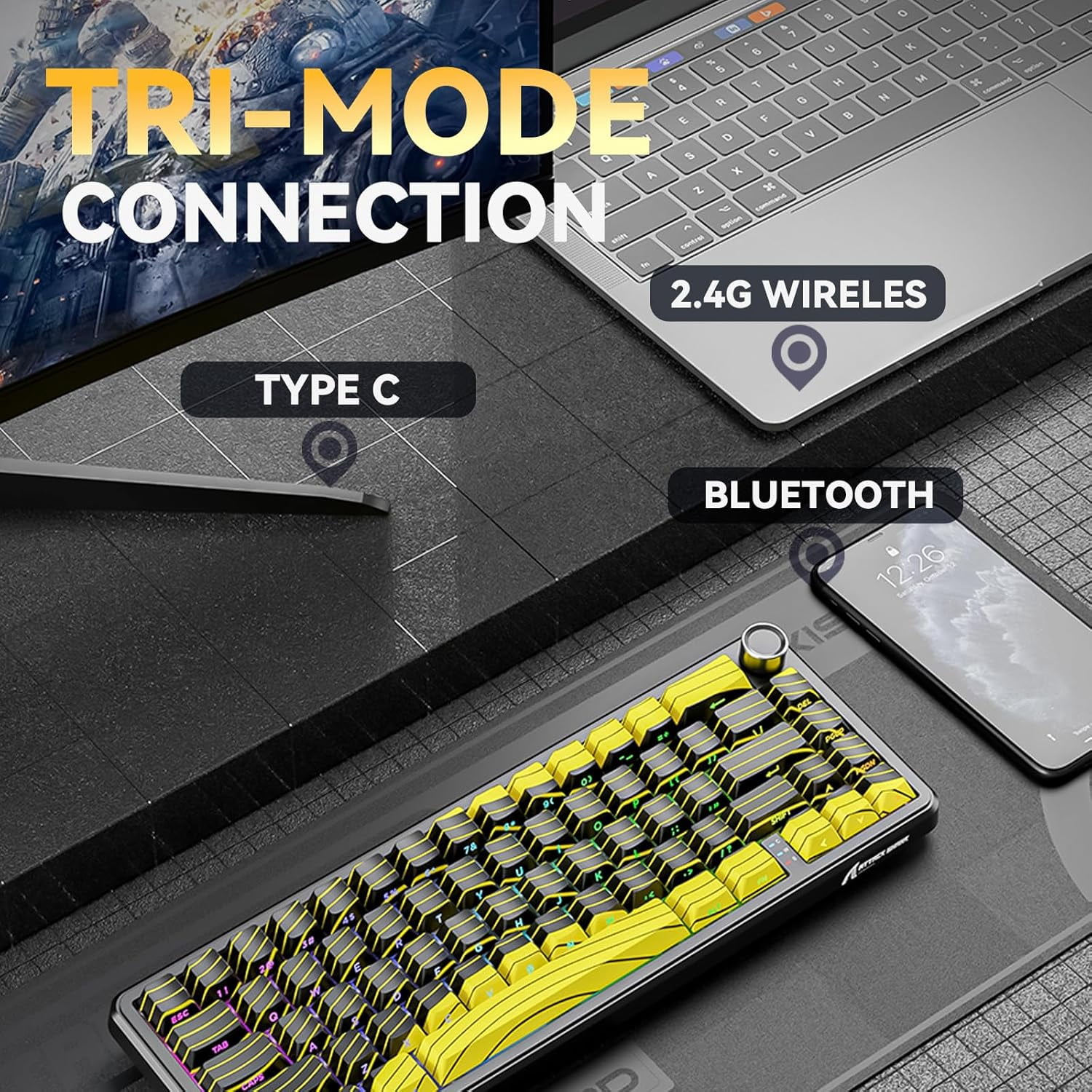 ATTACK SHARK X65PRO HE Rapid Trigger Wireless Gaming Keyboard, 0.01mm RT Accuracy 8000Hz Wired Keyboard with Magnetic Switch, Adjustable Actuation, Snap Tap, RGB Lighting for PC/Mac (Black Yellow)
