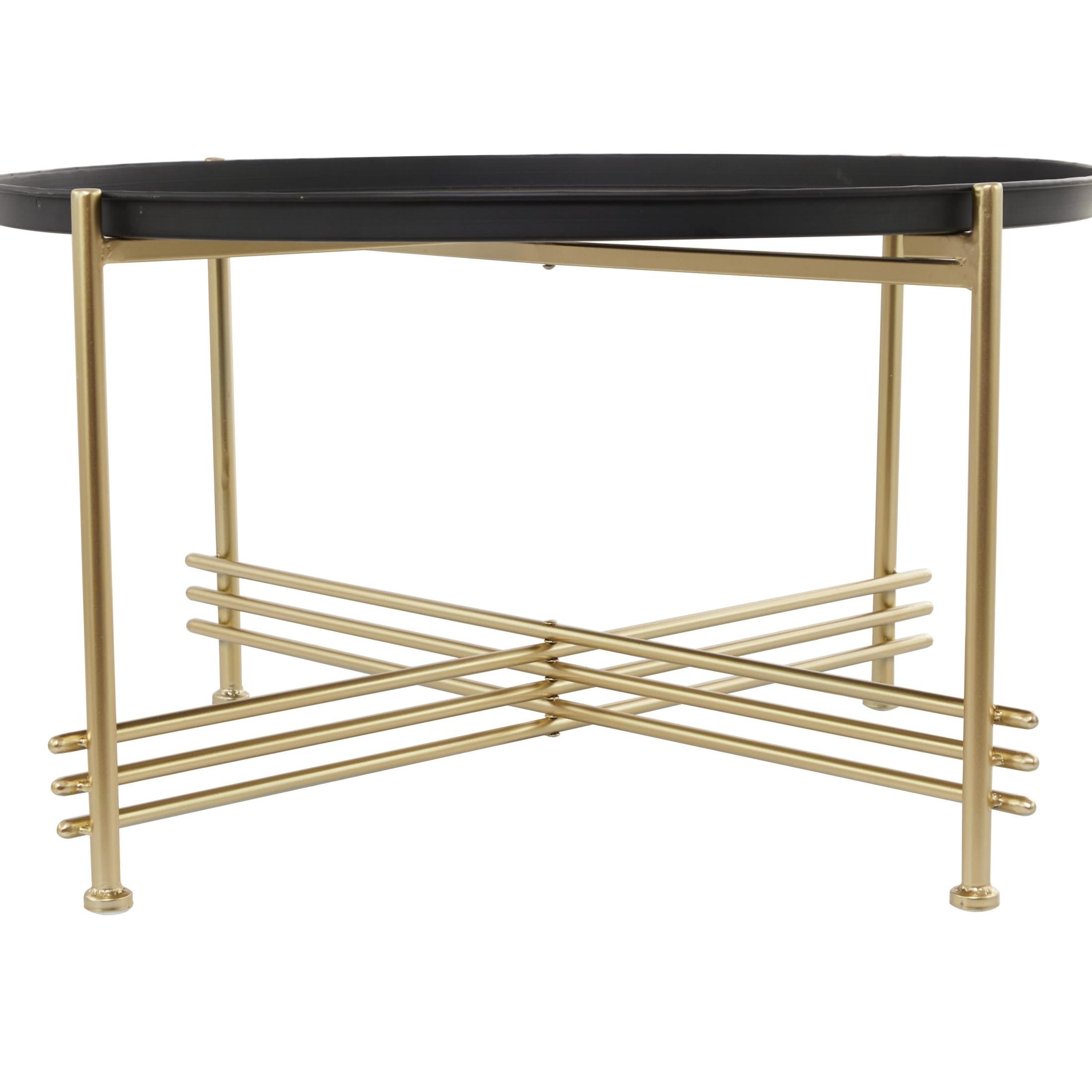 DecMode 33" x 19" Black Metal Tray Top Coffee Table with Gold X-Shaped Base, 1-Piece