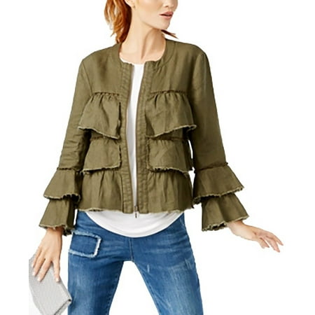 Inc International Concepts Petite Linen Ruffled Jacket Olive Drab Petite Medium Womens