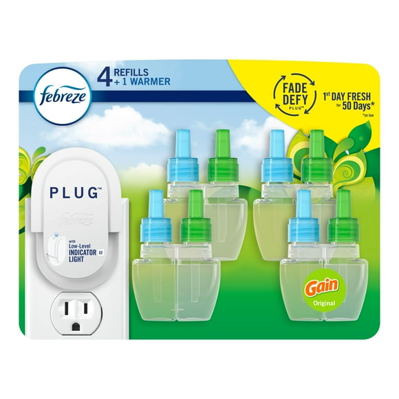 Febreze Plug In Air Freshener, Odor-Fighting Scented Oil Starter Kit, Gain Scent, 1 Warmer + 4 Refills