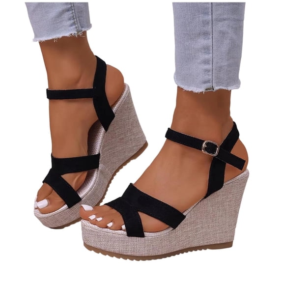 hoksml Women's Crisscross Strap Wedge Sandals, Platform High Heel Espadrille Shoes, Adjustable Buckle, Black Brown