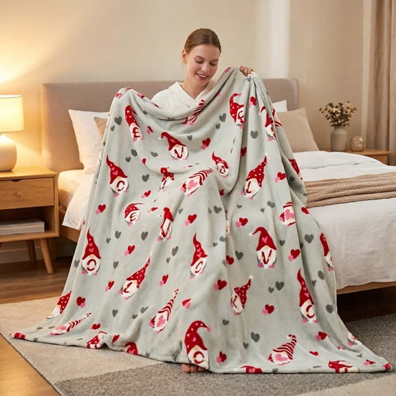 Love Heart Gnome Throw Blanket for Couch or Bed, Soft Flannel Warm Washable Decor Cover for Daily Use.