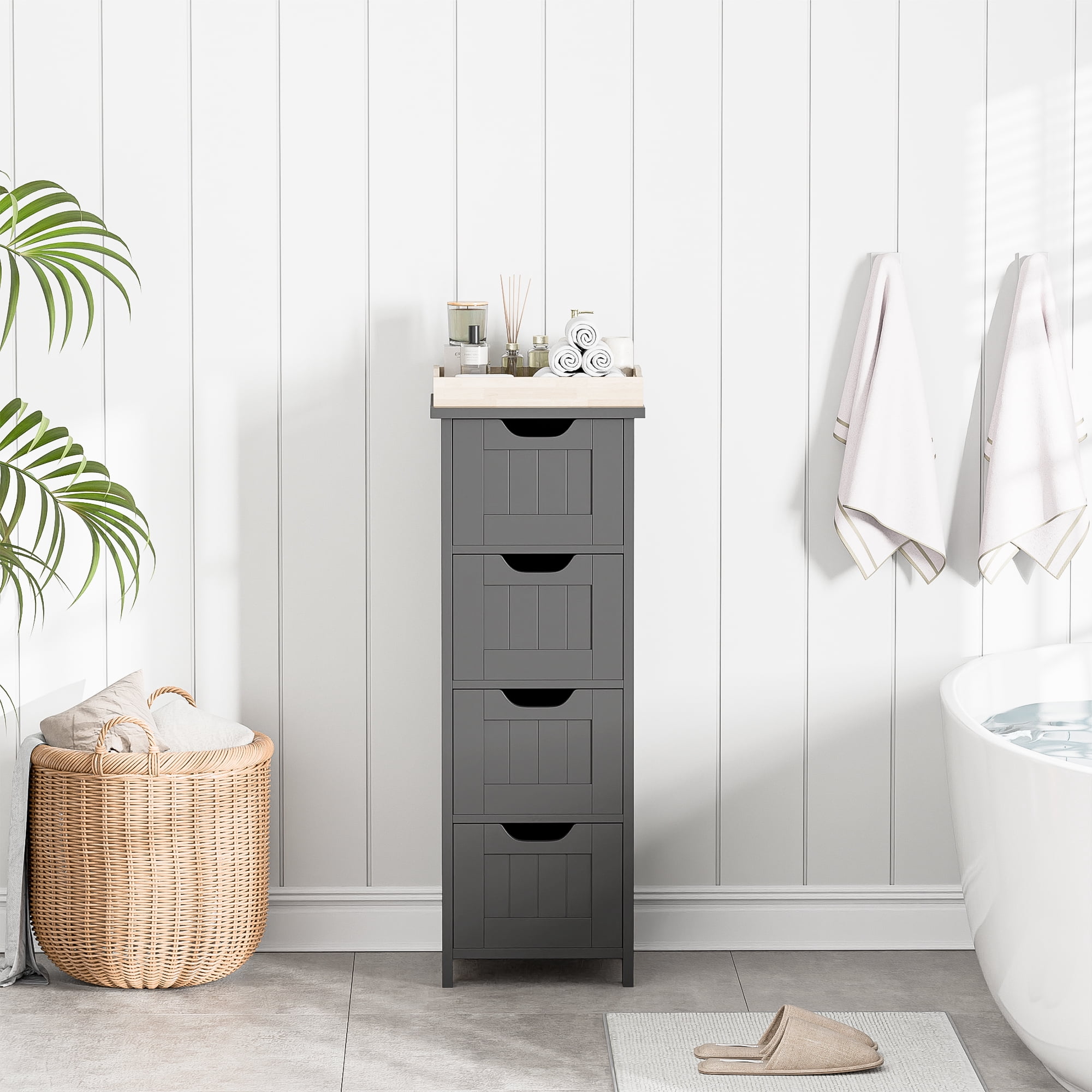 SuperDeal 4-Drawer Bathroom Storage Cabinet – Freestanding Wood Organizer Waterproof Small Side Cabinet for Home Living Room, Gray