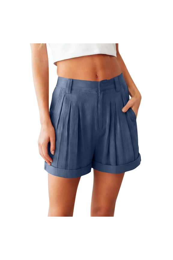 Womens High Waisted Paperbag Pleated Shorts - 100% Cotton Casual Dress Bottoms with Pockets, Tummy Control Rolled Cuff, Business Casual Summer Shorts, Navy,Size M