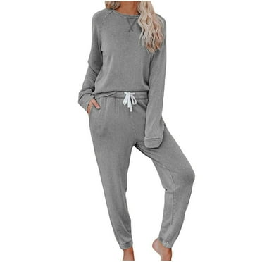 2 Piece Sports Outfit Set Women Casual Loose Solid Color Pocket Drawstring Pants Long Sleeve Round-Neck Blouses Sets 2 Piece Trendy Suit Set S-97 Gray L
