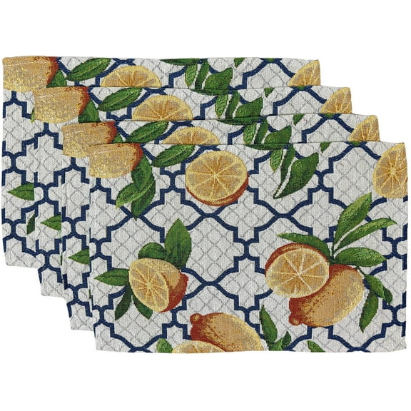 Set of 4, Quatrefoil and Lemon Design Tapestry placemats for Kitchen Dining Table Mats, Easy to Clean, Machine Washable. Size: 13" x 19".