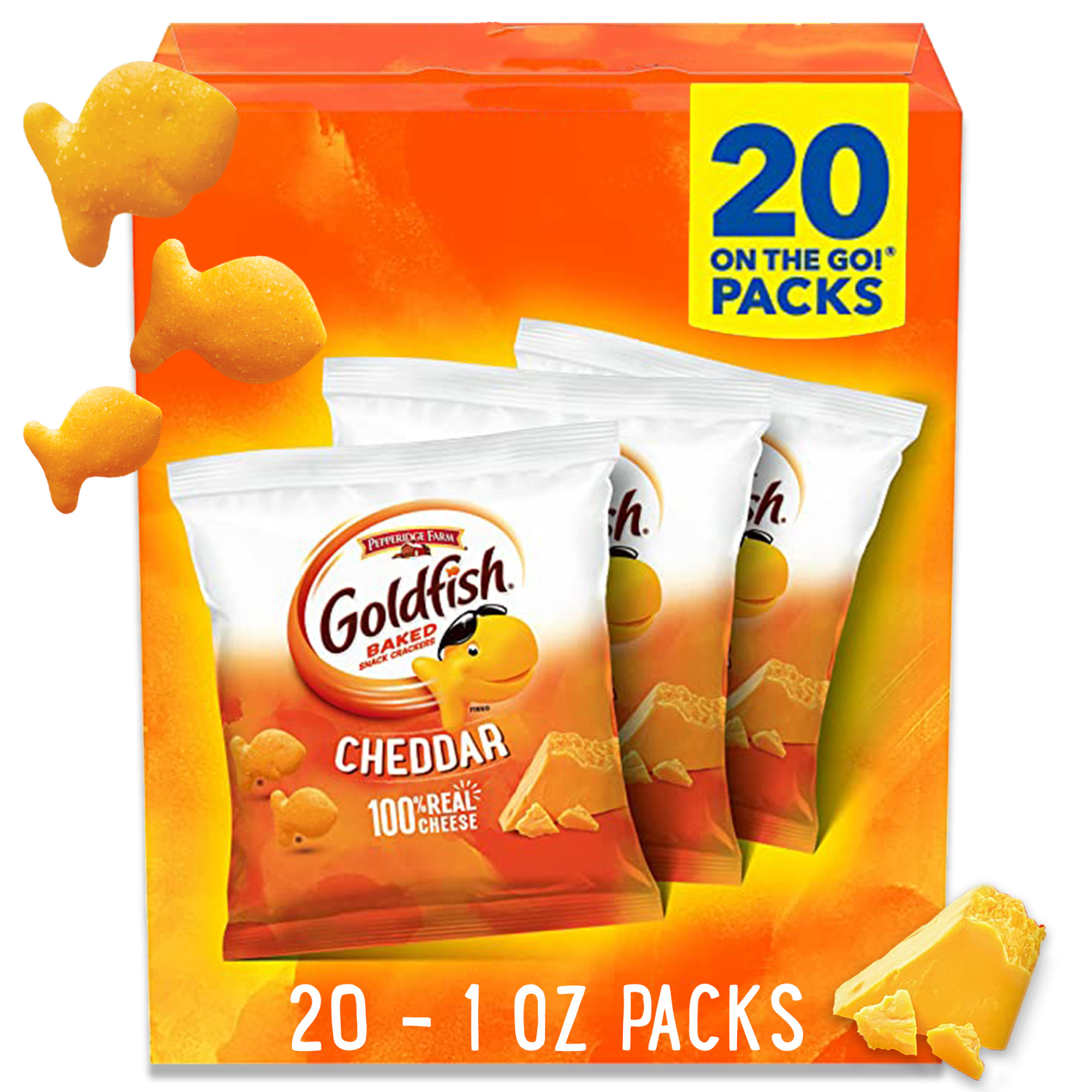 Goldfish Cheddar Cheese Crackers, Baked Snack Crackers, 1 oz on-The-Go Snack Packs, 20 Count Box