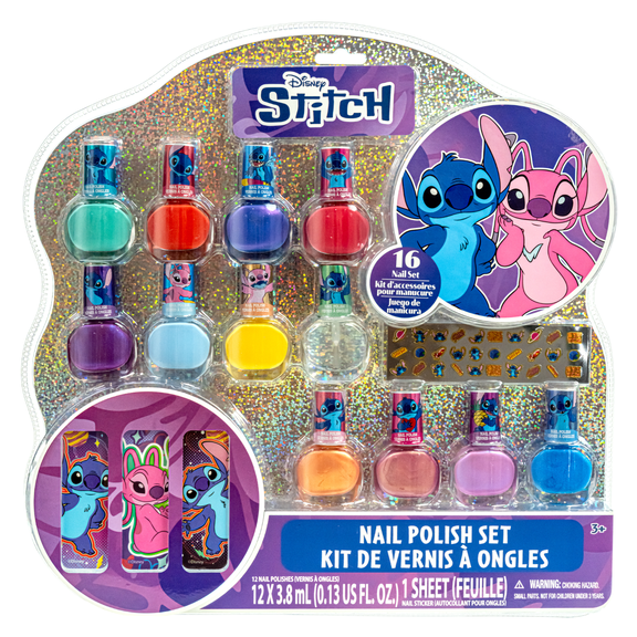 Stitch 12 Piece Nail Polish Set, Water-Based Peelable with Glittery, Shimmery and Opaque Colors, Ages 3 by Townley Girl