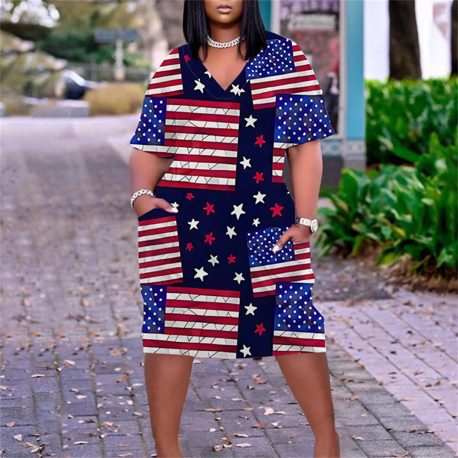 Deals of The Day Clearance 4th of July Shirt Dress for Women USA  Flag Short Dress Star Strips Summer Dress with Sleeves Boho Dresses Red