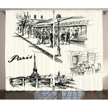 Eiffel Tower Decor Curtains 2 Panels Set Paris Sketch Style Cafe