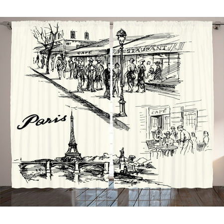 Eiffel Tower Decor Curtains 2 Panels Set, Paris Sketch Style Cafe Restaurant Landmark Canal Boat Streetlamp Retro Art Print, Living Room Bedroom Accessories, By