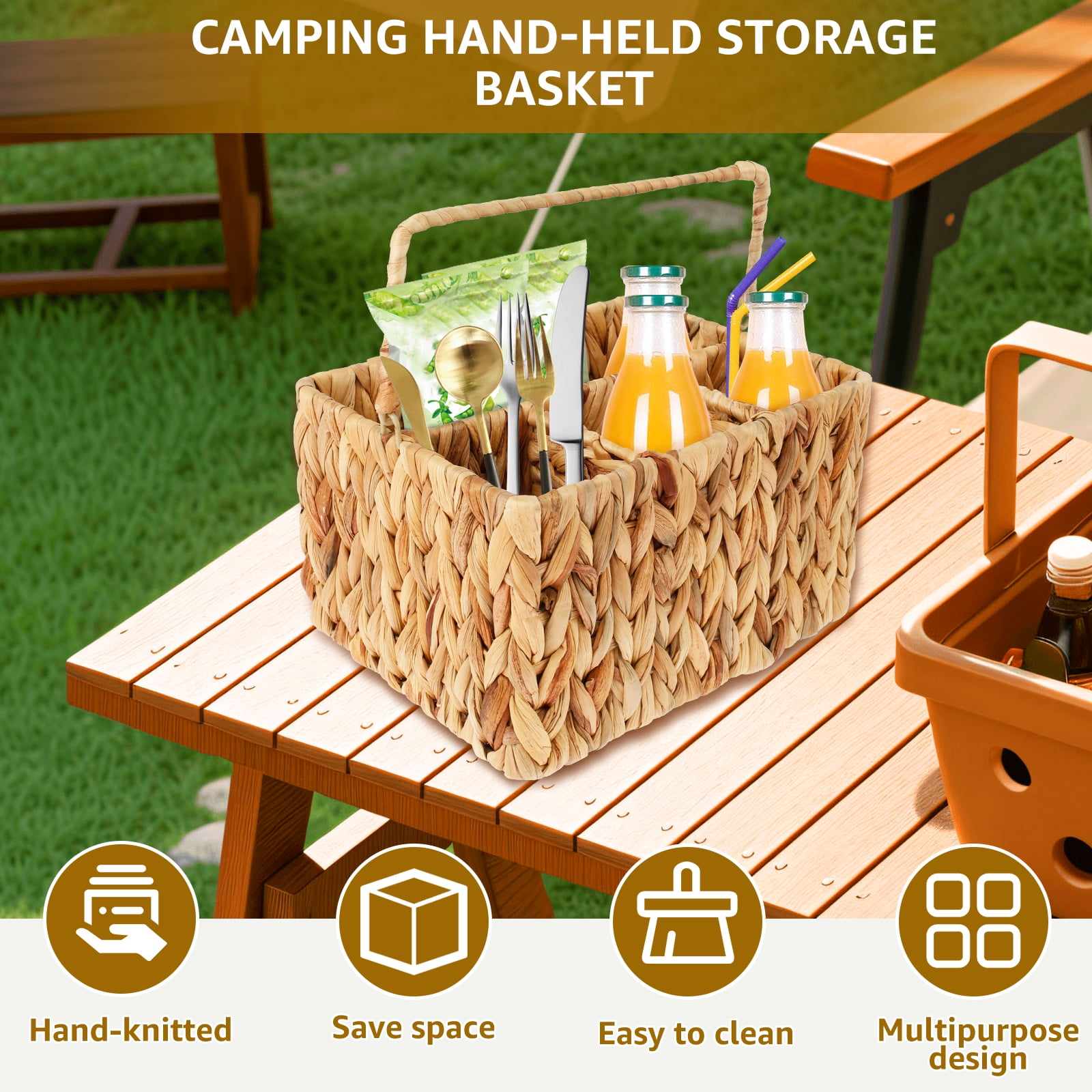 NUAHRHY Woven Utensil Caddy with 4 Compartments and Handle Natural Utensil Basket Stable Utensil Holder Multifunctional Utensil and Napkin Holder for Plates and Utensils