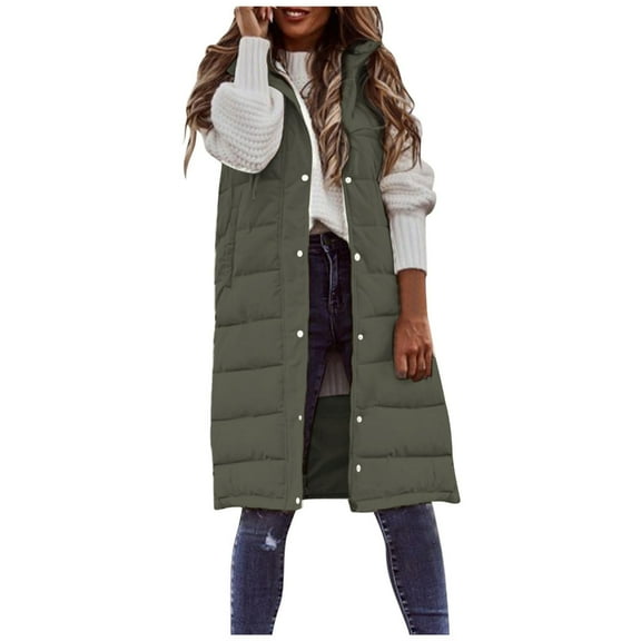 Women's Lightweight Zipper Sleeveless Long Vest Winter Thickened Hooded Coat
