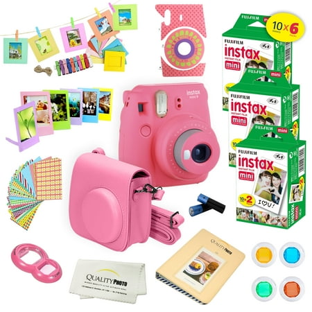 Fujifilm Instax Mini 9 Camera Pink + 15 PC Accessory Kit for Fujifilm instax mini 9 Instant Camera Includes: 60 Fuji Instax Films + Case + Album + Colored lenses + Assorted color/Style frames + MORE