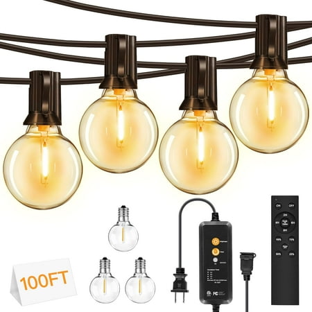 

100FT Outdoor String Lights with Remote/Dimmer 50+3 LED Bulbs Connectable Dimmable Outdoor Lights Support Timer Waterproof Shatterproof for Patio Backyard Yard Outside Porch Deck