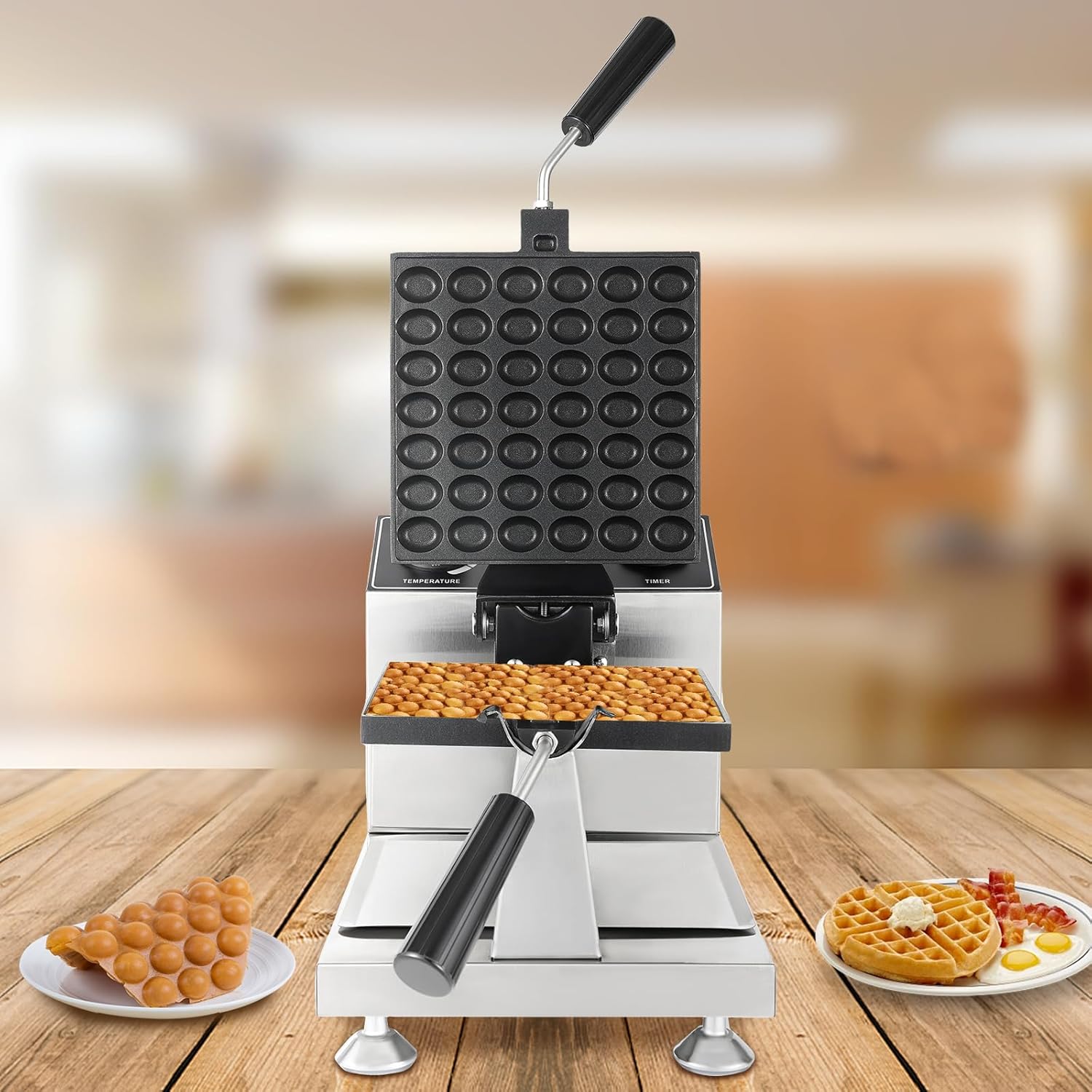 Belgian Waffle Maker, 42 Grids 1200W Nonstick Stainless Steel Mini Round Waffle Iron, 122-572°F Temp Control Range for Restaurant, Snack Bar, Food Stall (42 Grids Waffle Maker)
