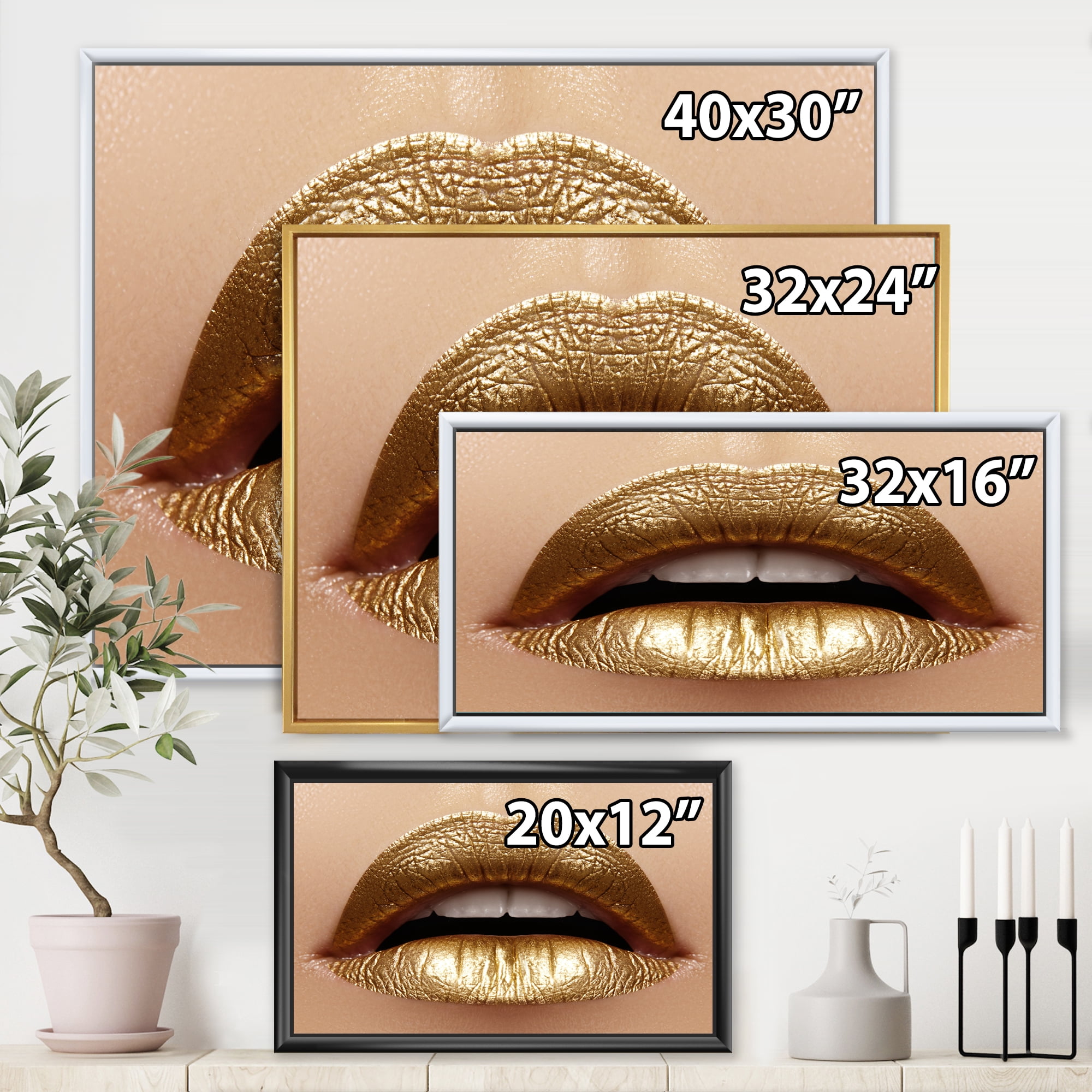 Designart 'Close Up of Woman Plump Lips With Golden Lipstick' Modern Framed Canvas Wall Art Print