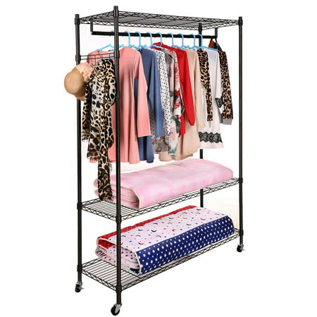 3-Tiers Heavy Duty Wire Shelving Garment Rolling Rack Clothing Rack with Double Clothes Rods and Lockable Wheels ,Up to 400lb
