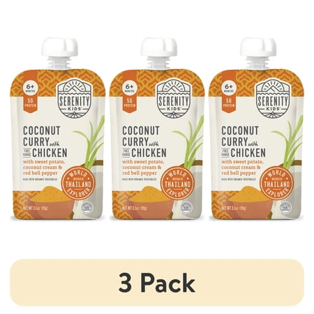 (3 pack) Serenity Kids Stage 2 World Explorer Coconut Curry Baby Food, Free Range Chicken & Organic Veggies, 3.5oz