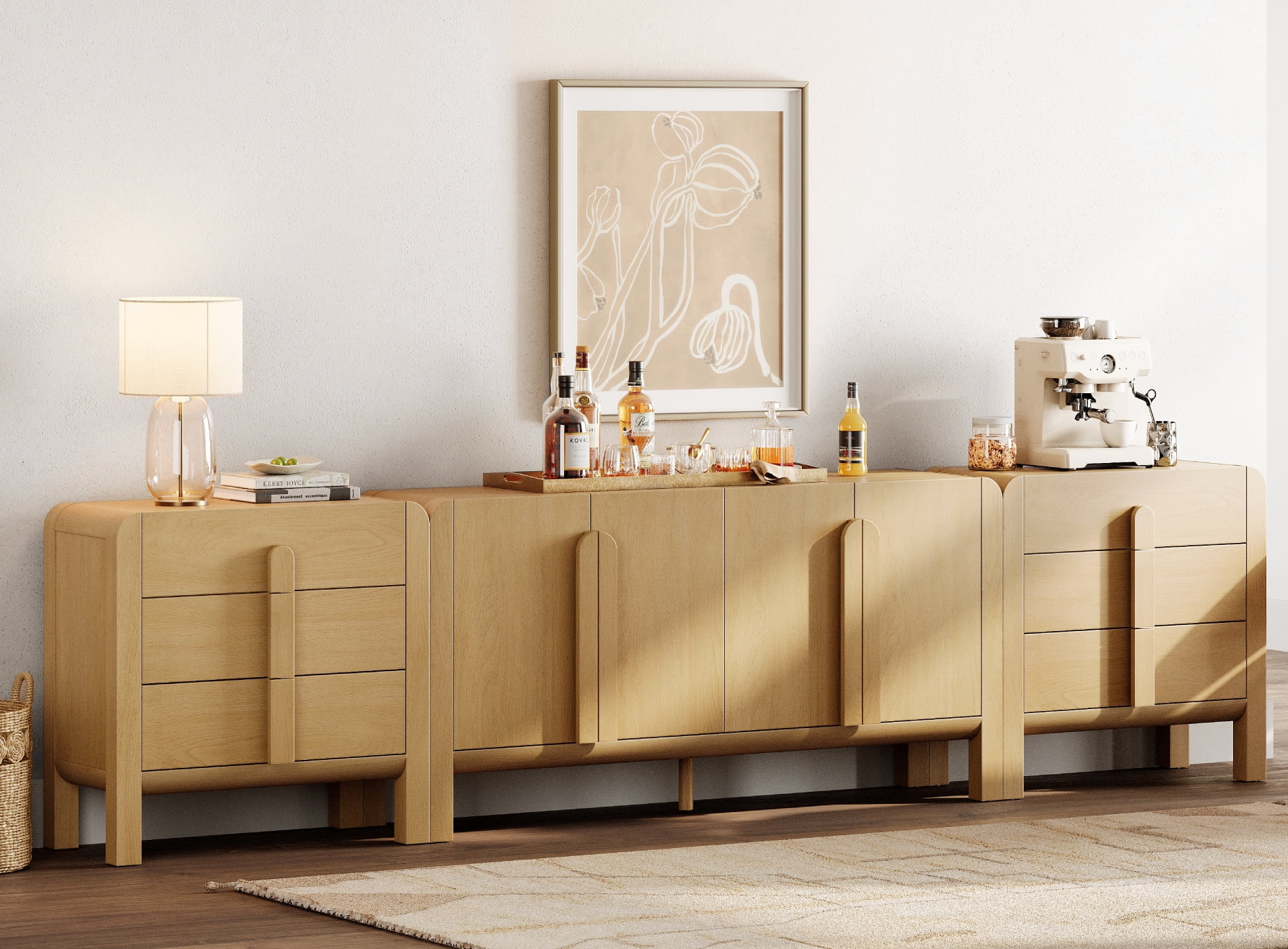 Mid-Century Modern 126" Sideboard Buffet with Storage, 3-Piece Wood Credenza with Doors and Adjustable Shelves for Kitchen，Living Room