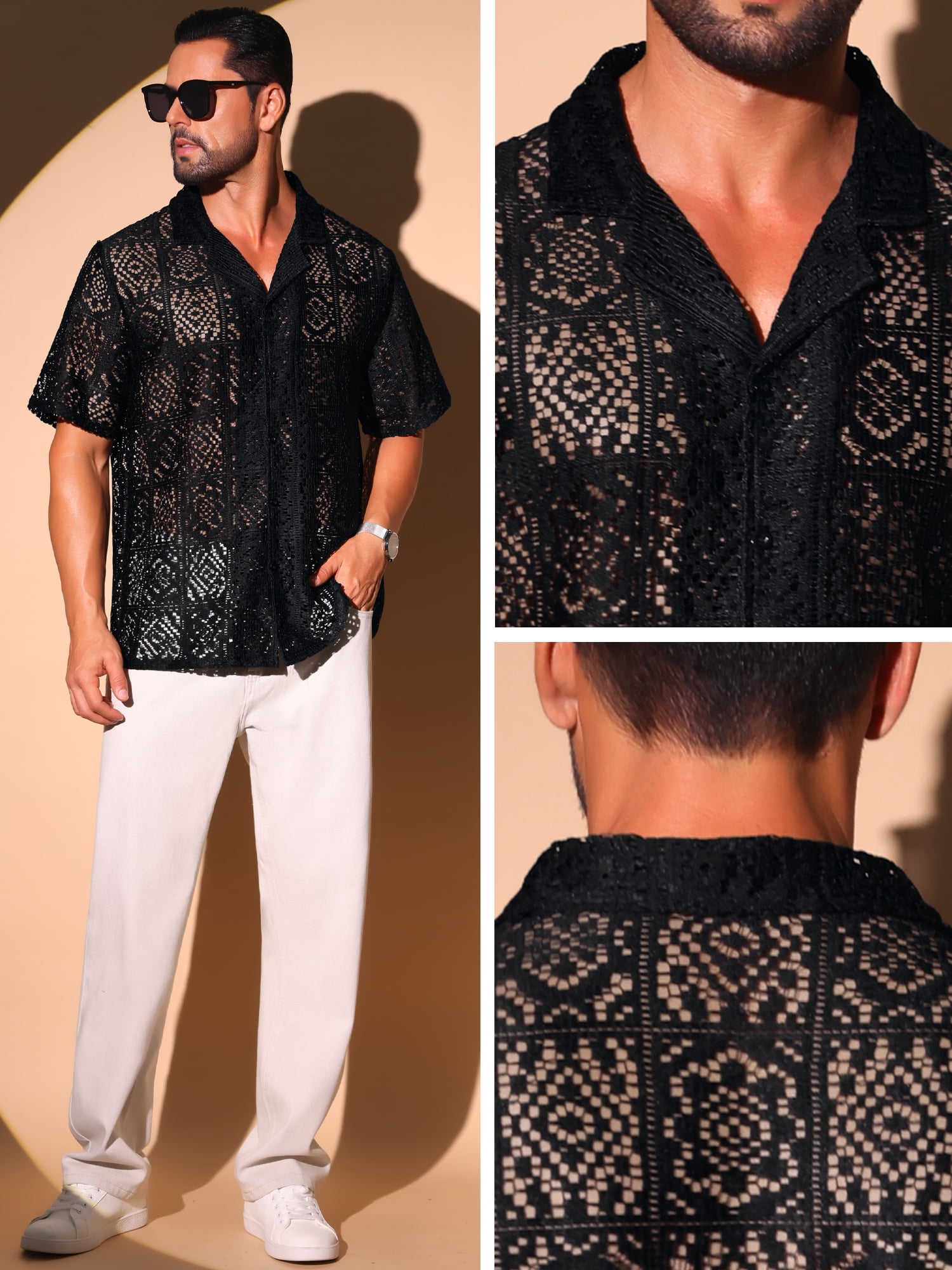 DARING DIVA Men's Hollow Lace Button Down Short Sleeve See Through Mesh Shirts S Black