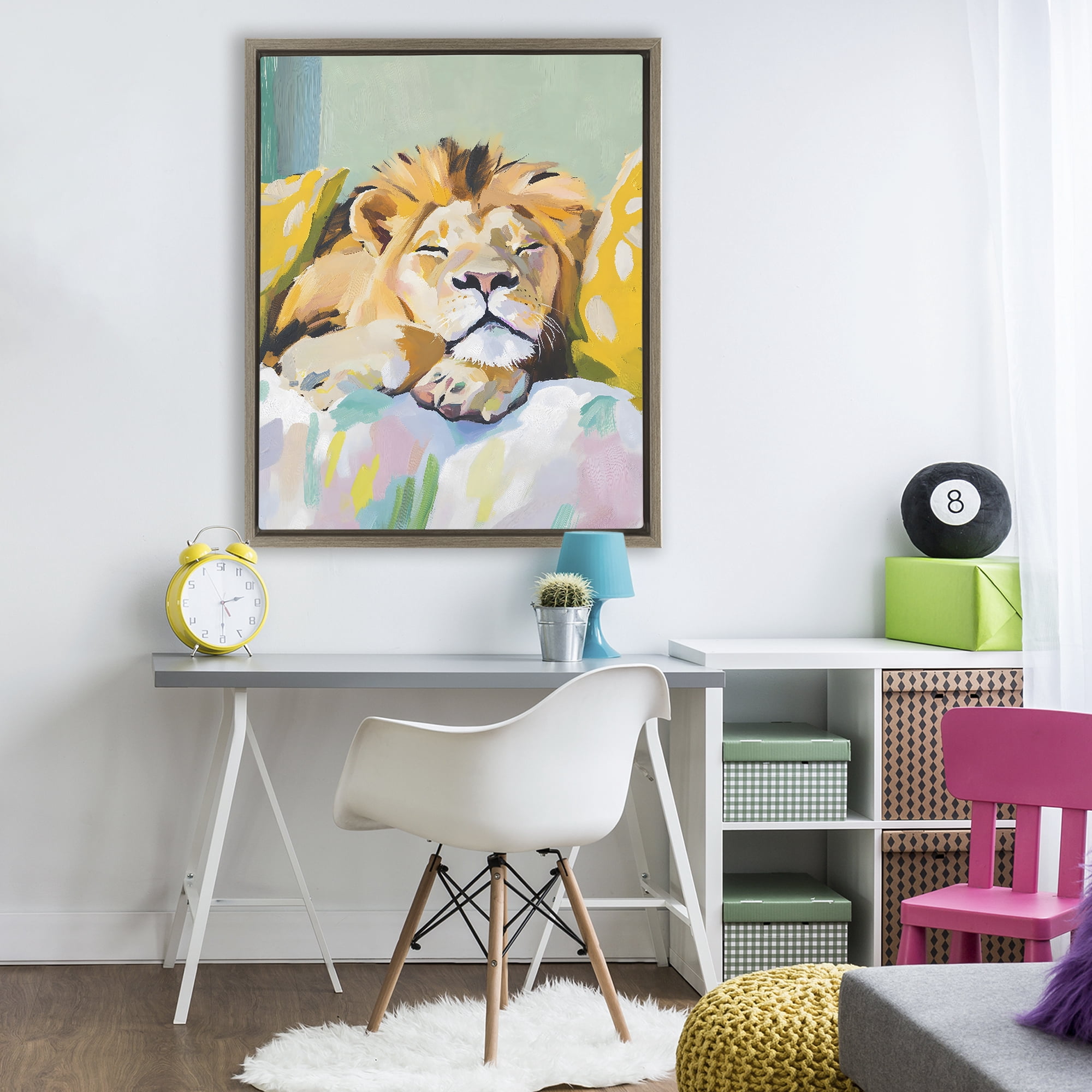 Stupell Industries Sleeping Lion on Pastel Pillows Brown Framed Floater Canvas Wall Art, design by The Prints Vibe