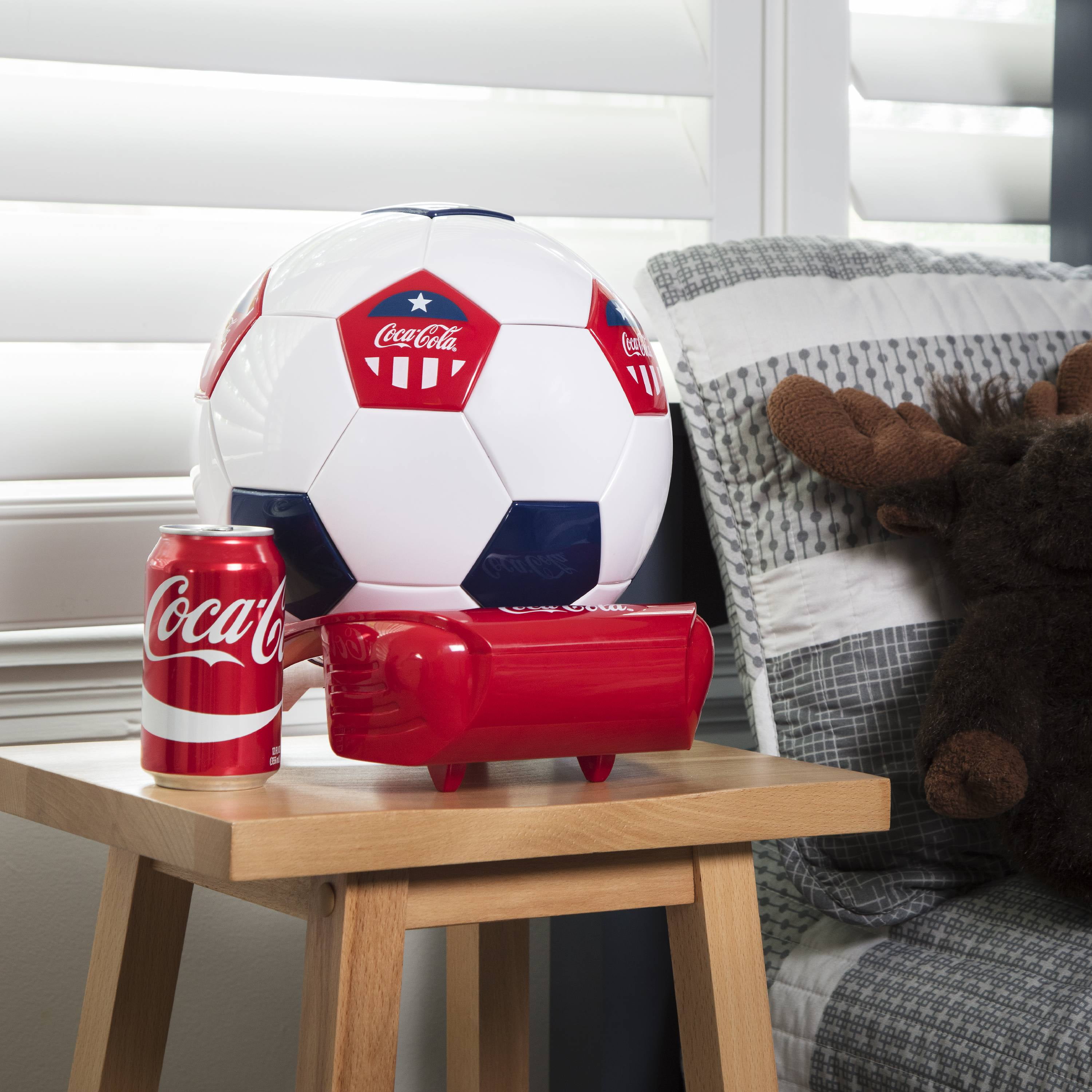 Coca-Cola Soccer Ball Mini Fridge, 5 Can Beverage Cooler White Red Black