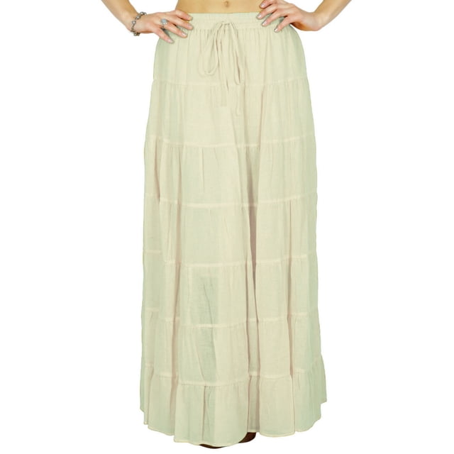 Phagun Women's Ethnic Design Cotton Skirt with Drawstring Waist, Off White, 8
