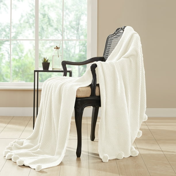 Home Secrets Knitted Throw With Pom Poms, 50" x 60", White Walmart