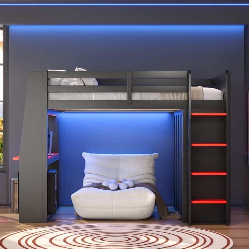Full Size Wooden Loft Bed with Built-in Desk & Charging Station, Kids Storage Bed Frame with LED Light & Double Door Wardrobe
