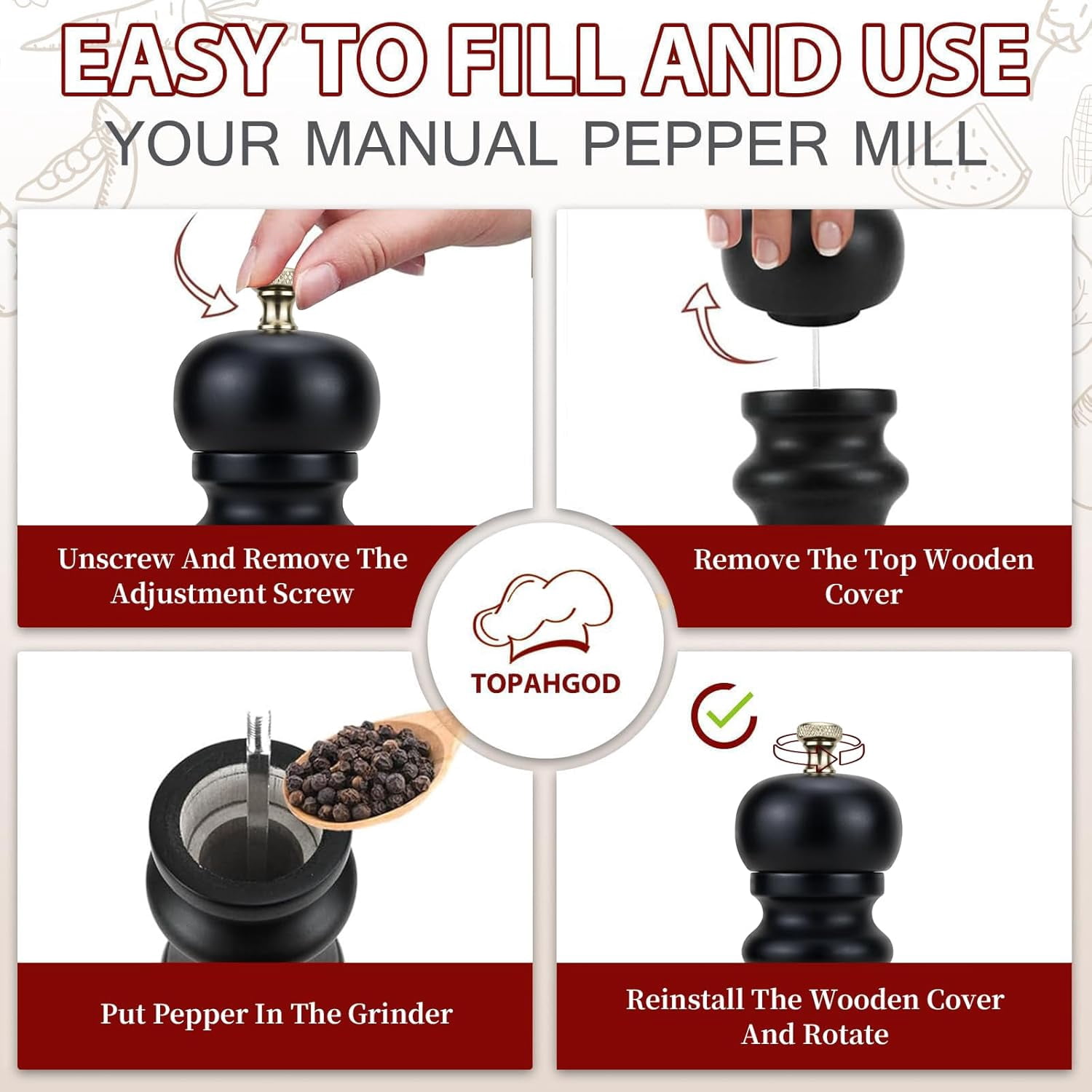 Salt and Pepper Grinder Set of 2, Manual Salt Mill & Pepper Mills with Adjustable Coarseness, Refillable Wood Spice Shakers, Kitchen Accessories for Chili, Sesame, Himalayan (Black and White)