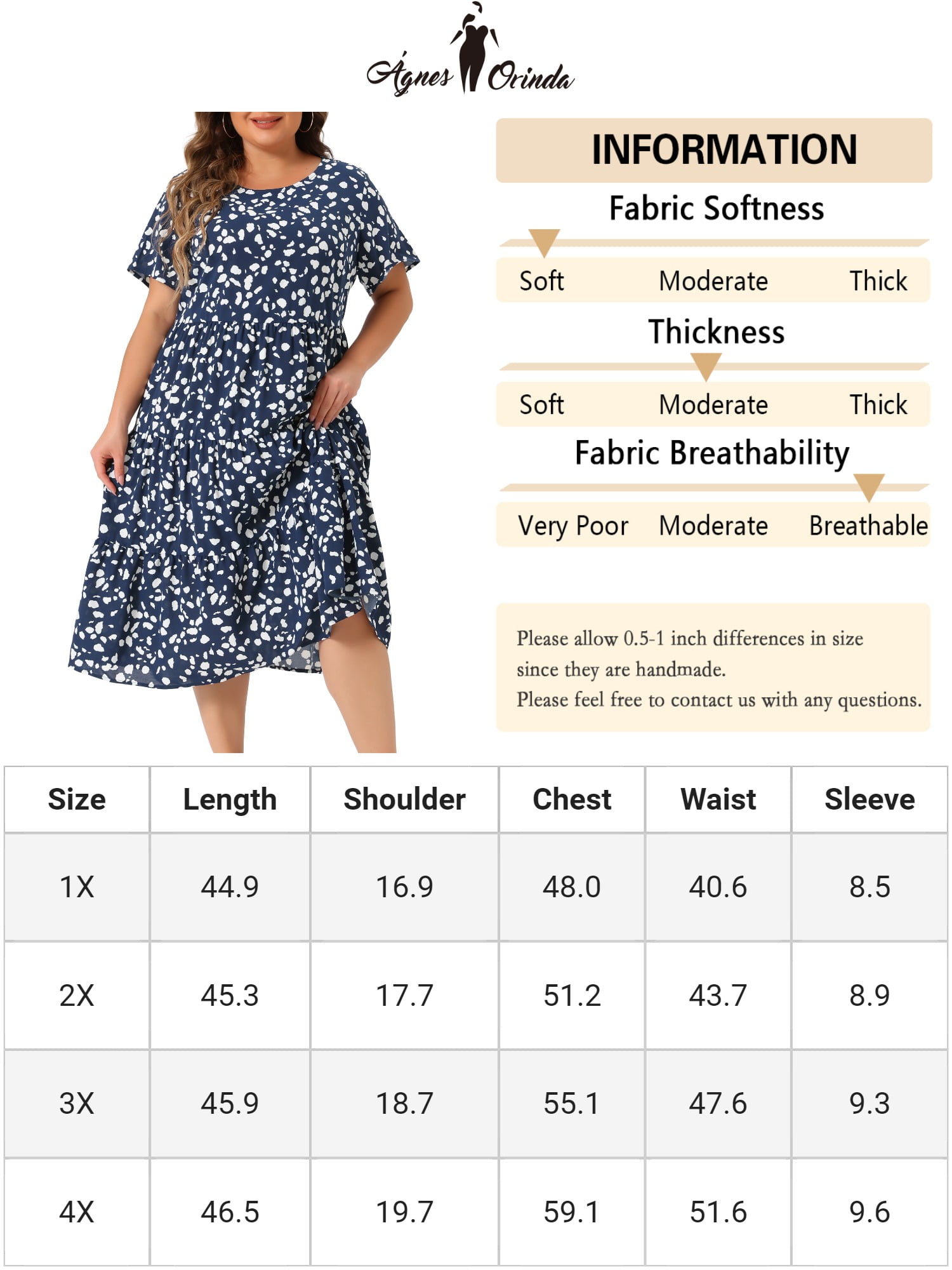 DARING DIVA Plus Size Tiered Polka Dots Midi Short Sleeve Babydoll Dress 2X Dark Blue