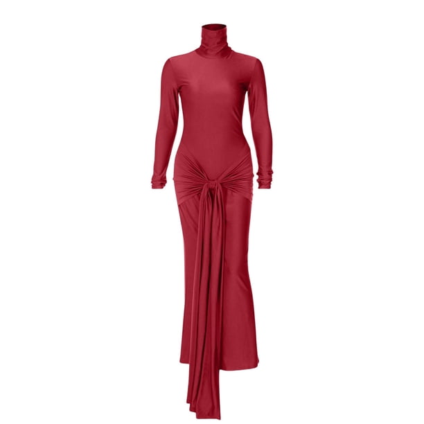 Vestido largo sexy de cuello alto y manga larga para mujer - Vestido de cóctel ajustado con cintura anudada, 95 % poliéster, S-L