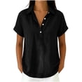thumbnail image 5 of hoksml Women's Cotton Linen Collared Shirt, Short Sleeve Pull-On Button-Down Blouse, Loose Fit Casual Daily Office Wear Top, 5 of 7