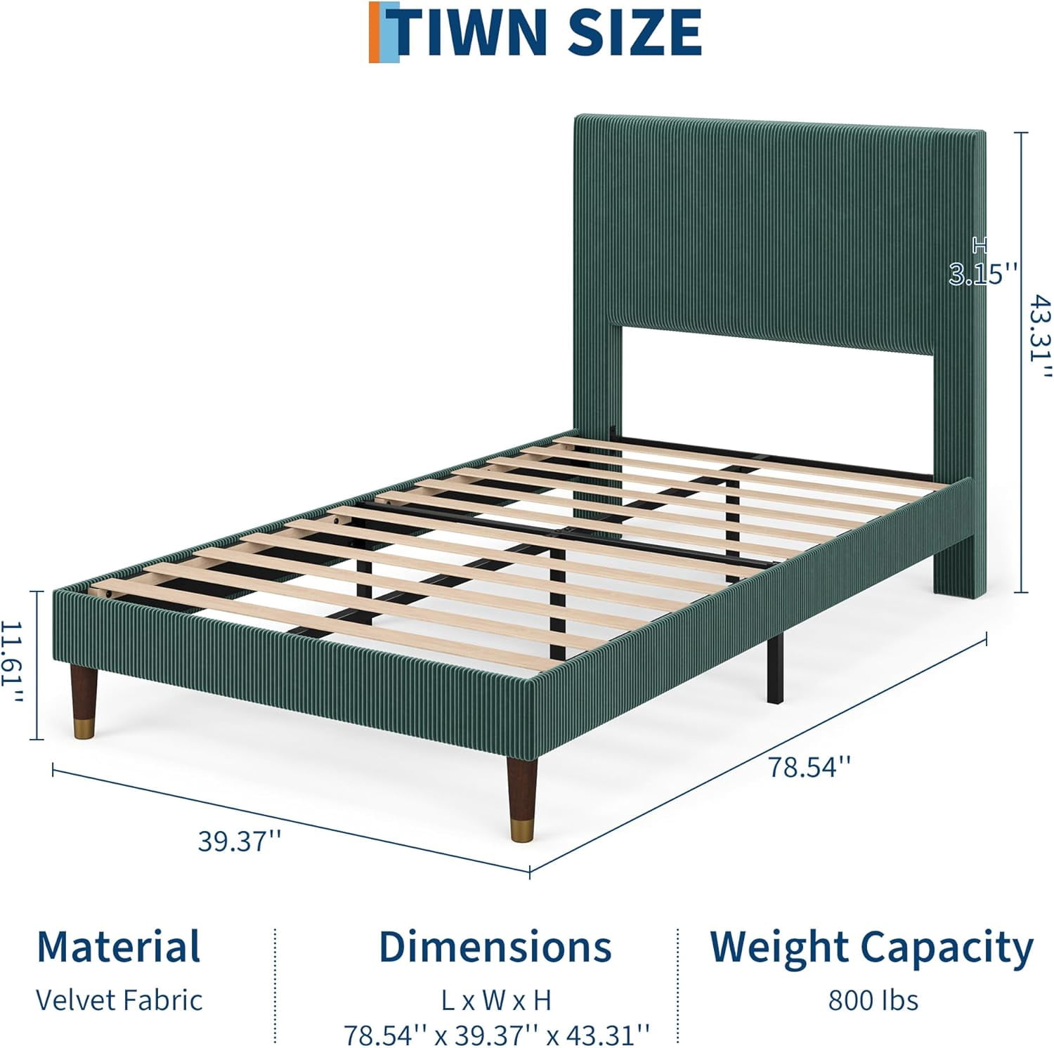 Twin Bed Frame with Headboard, Corduroy Upholstered Platform Bed with Wooden Slats Support - No Box Spring Needed & Noise Free, Easy Assembly, for Bedroom Apartment, Green