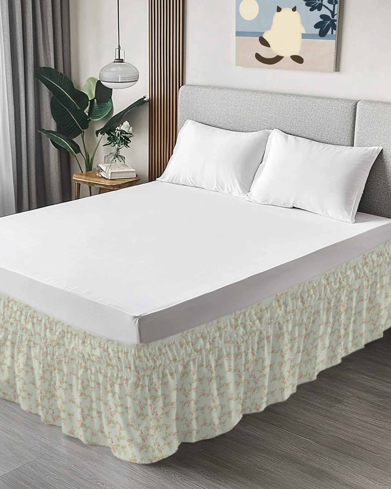 Pastoral Pink Flower Bed Skirt Fall Leaf Green Background Country Floral Bed Skirts Queen Size 16 Inch Drop, Wrap Around Dust Ruffle&nbsp;Bedskirt with Adjustable Elastic Belt for Queen Size Beds