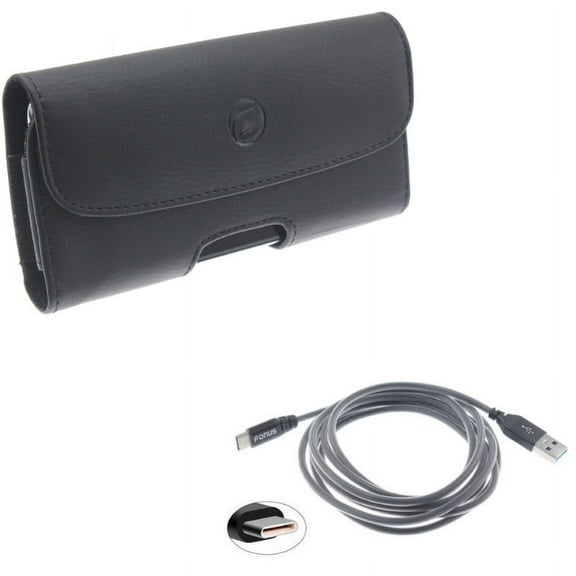 Black Leather Phone Case Side Cover w Gray Mesh Braided 6ft Long Type-C Cable Rapid Charge USB Wire Sync W9E for Acer Liquid Jade Primo - ASUS ROG Phone, ZenFone AR 6 4 Pro - Blackberry Motion