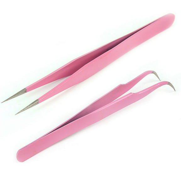 2X Steel Pink Btraight   Bend Tweezer For Eyelash YHtensions Nail Art Nippers WA