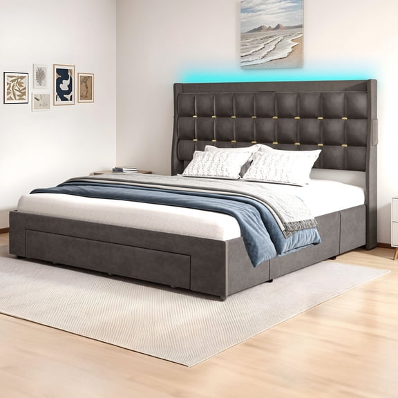 Uforic Queen Size Upholstered Bed with Charging Station, LED Bed Frame with Headboard, Grey
