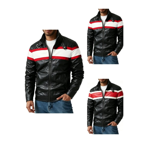 Atkumj Motorcycle Jacket Men Trendy Color Block Stand Collar Zip Up Pu Leather Jacket Vintage Loose Long Sleeve Waterproof Jackets for Men for Outdoor Activity S