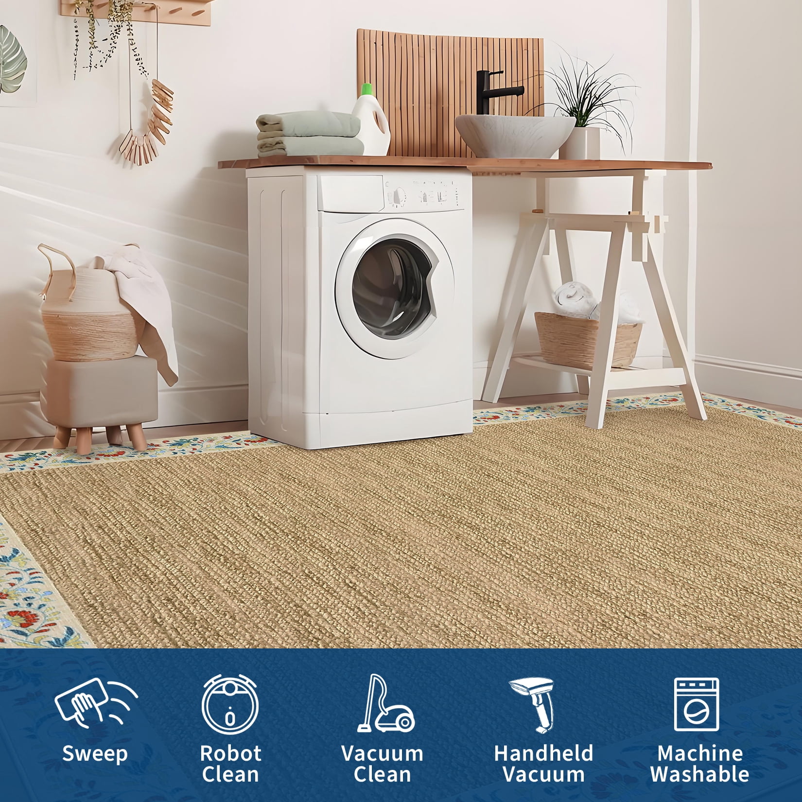 Hasoo Modern Simulated Woven Texture Floral Bordered Area Rug for Living Room Washable 5' x 7' Non Shedding Neutral Indoor Decor Carpet, Beige
