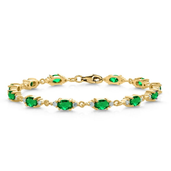 Gem Stone King 18K Yellow Gold Plated Silver Green Nano Emerald and White Moissanite Tennis Bracelet for Women (5.71 Cttw, Gemstone Birthstone, Oval 6X4MM, 6.5 inch)
